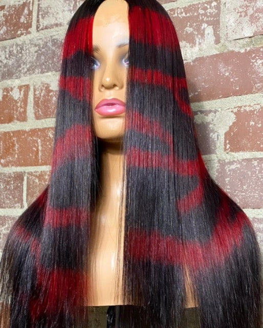 24 Inches 13x4 Ruby Red Zebra Print Straight Lace Frontal Wigs 180% Density-100% Human Hair