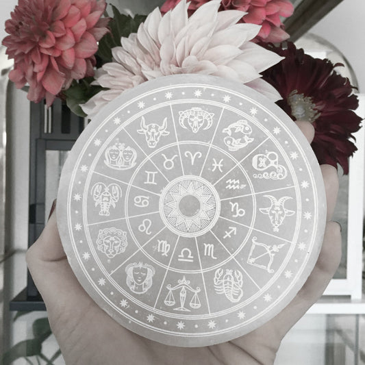 "Zodiac" Round Selenite Charging Plate Crystal Grid