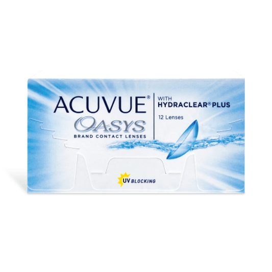 Acuvue Oasys contact lens johnson silicone hydrogel comfort affordable oxygen breathable biweekly replacement UV blocking on eye cornea crisp clear vision 12 pack